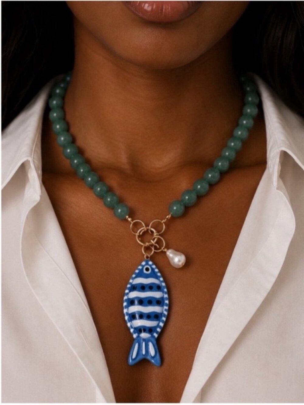 New! Coastal Green Beaded Blue Fish Dopamine Necklace NWOT